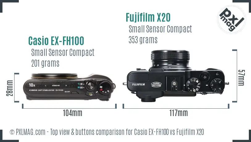 Casio EX-FH100 vs Fujifilm X20 top view buttons comparison