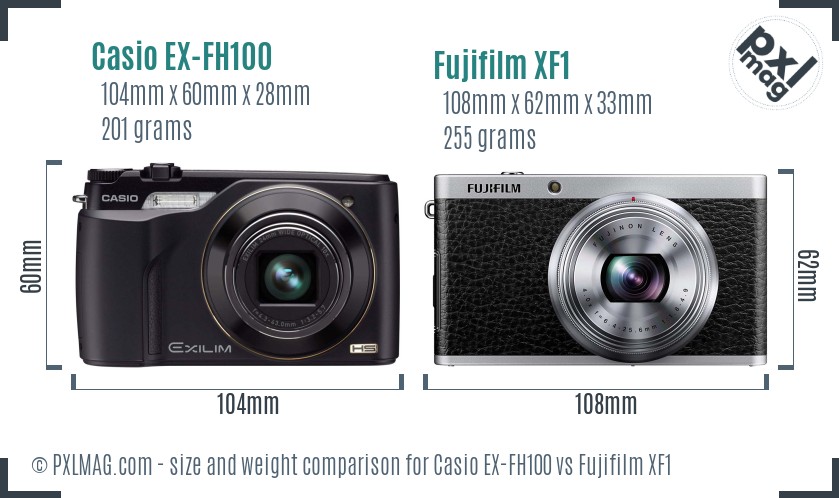 Casio EX-FH100 vs Fujifilm XF1 size comparison