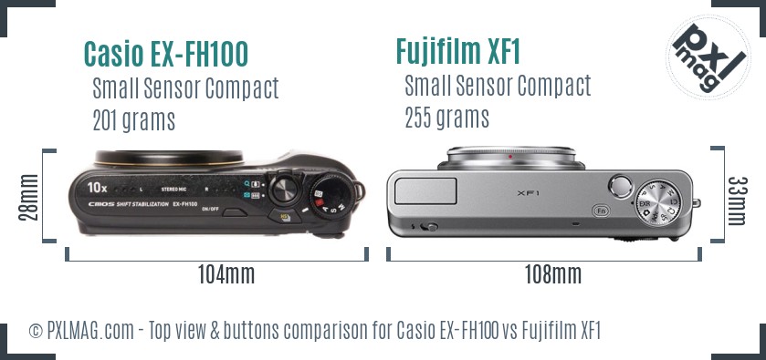 Casio EX-FH100 vs Fujifilm XF1 top view buttons comparison