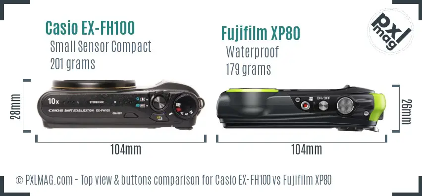 Casio EX-FH100 vs Fujifilm XP80 top view buttons comparison