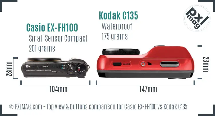 Casio EX-FH100 vs Kodak C135 top view buttons comparison