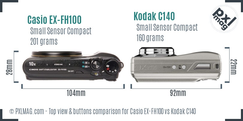 Casio EX-FH100 vs Kodak C140 top view buttons comparison
