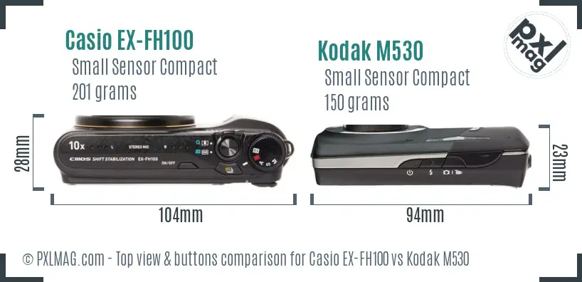 Casio EX-FH100 vs Kodak M530 top view buttons comparison