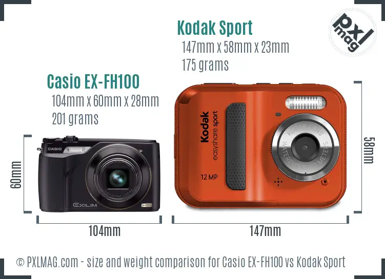 Casio EX-FH100 vs Kodak Sport size comparison