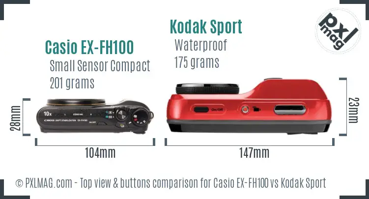 Casio EX-FH100 vs Kodak Sport top view buttons comparison