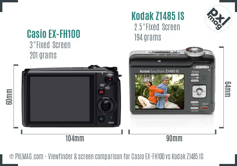 Casio EX-FH100 vs Kodak Z1485 IS Screen and Viewfinder comparison