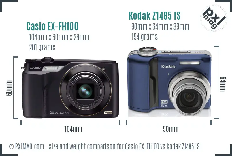 Casio EX-FH100 vs Kodak Z1485 IS size comparison