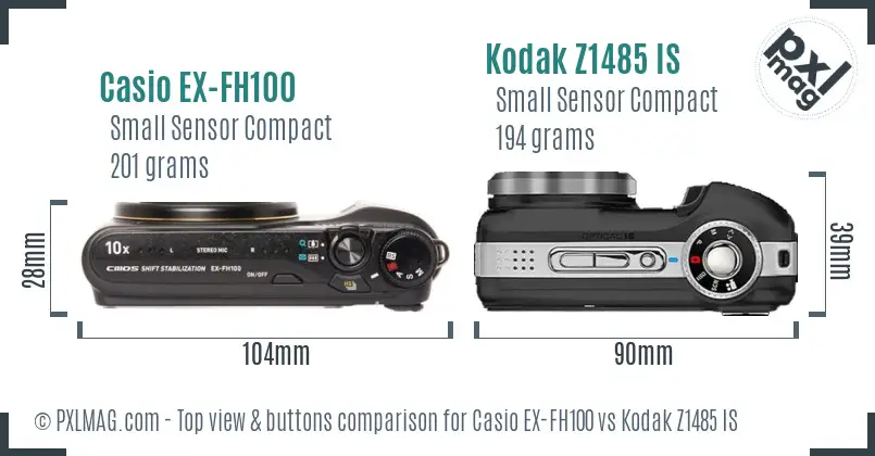 Casio EX-FH100 vs Kodak Z1485 IS top view buttons comparison
