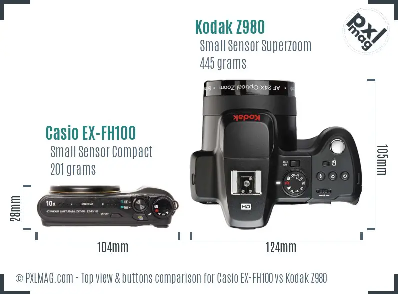 Casio EX-FH100 vs Kodak Z980 top view buttons comparison