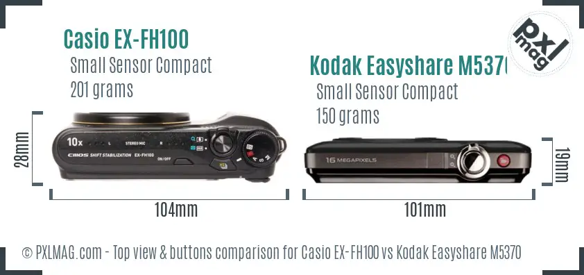 Casio EX-FH100 vs Kodak Easyshare M5370 top view buttons comparison