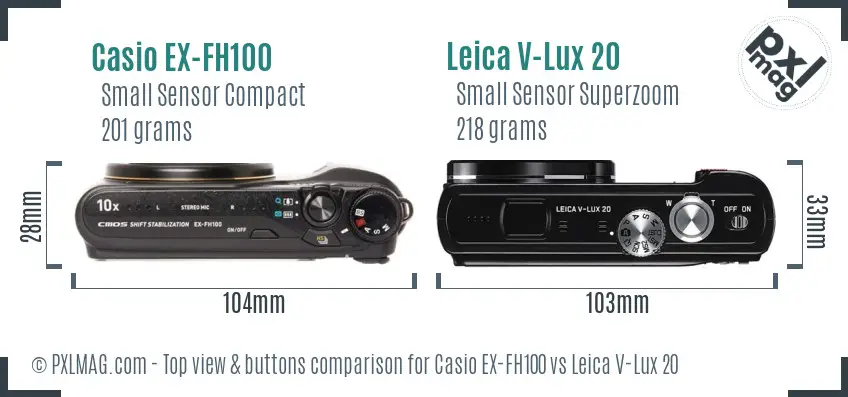 Casio EX-FH100 vs Leica V-Lux 20 top view buttons comparison Casio EX-FH100 vs Leica V-Lux 20 top view buttons comparison