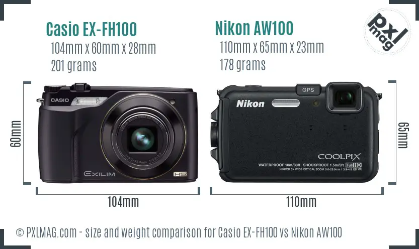 Casio EX-FH100 vs Nikon AW100 size comparison