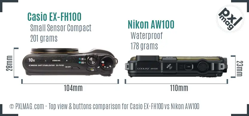 Casio EX-FH100 vs Nikon AW100 top view buttons comparison