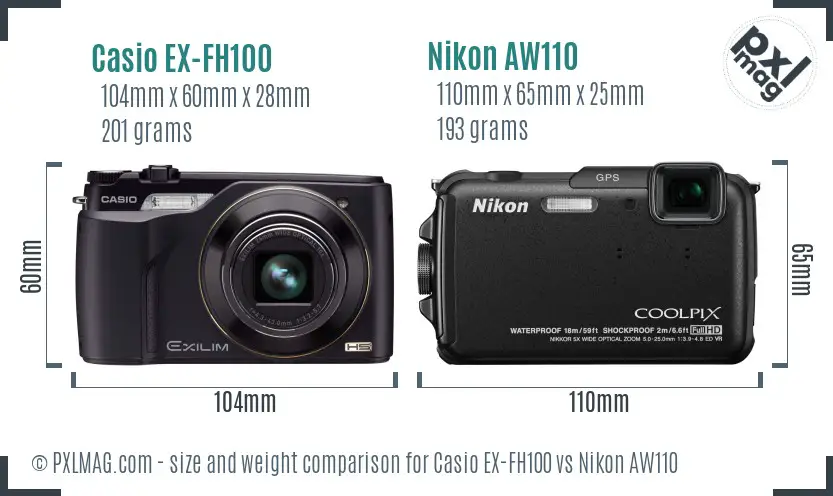 Casio EX-FH100 vs Nikon AW110 size comparison Casio EX-FH100 vs Nikon AW110 size comparison