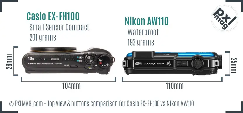 Casio EX-FH100 vs Nikon AW110 top view buttons comparison Casio EX-FH100 vs Nikon AW110 top view buttons comparison
