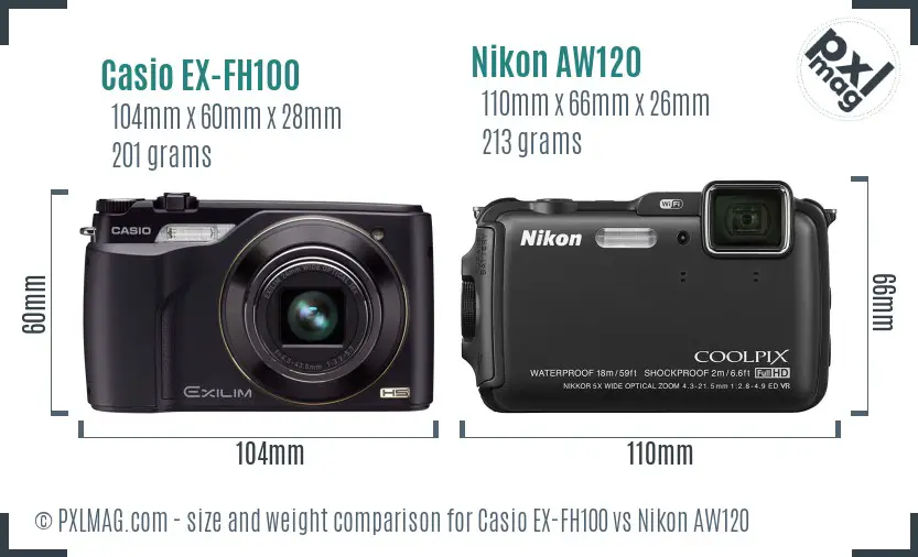 Casio EX-FH100 vs Nikon AW120 size comparison Casio EX-FH100 vs Nikon AW120 size comparison
