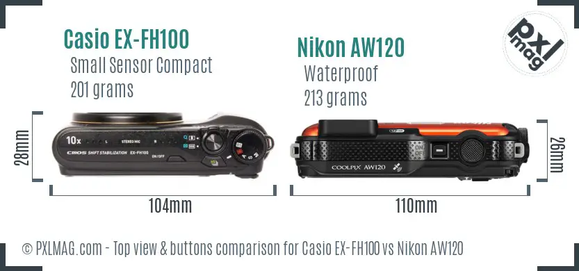 Casio EX-FH100 vs Nikon AW120 top view buttons comparison Casio EX-FH100 vs Nikon AW120 top view buttons comparison