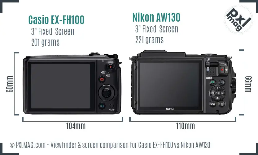 Casio EX-FH100 vs Nikon AW130 Screen and Viewfinder comparison