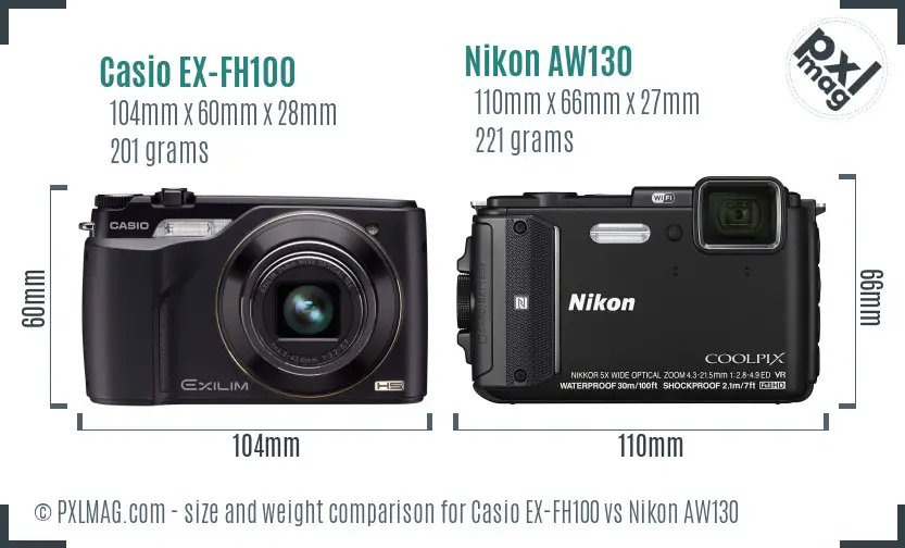 Casio EX-FH100 vs Nikon AW130 size comparison