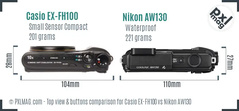Casio EX-FH100 vs Nikon AW130 top view buttons comparison