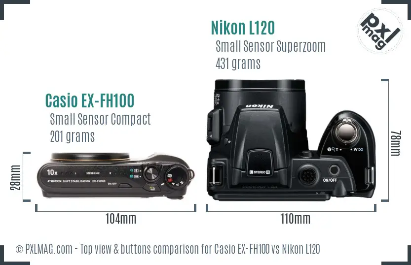 Casio EX-FH100 vs Nikon L120 top view buttons comparison