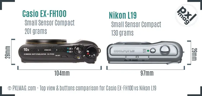 Casio EX-FH100 vs Nikon L19 top view buttons comparison