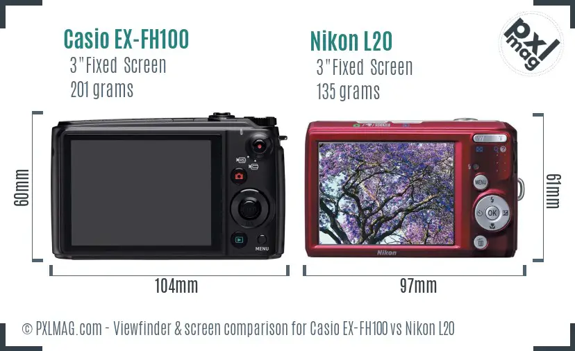 Casio EX-FH100 vs Nikon L20 Screen and Viewfinder comparison