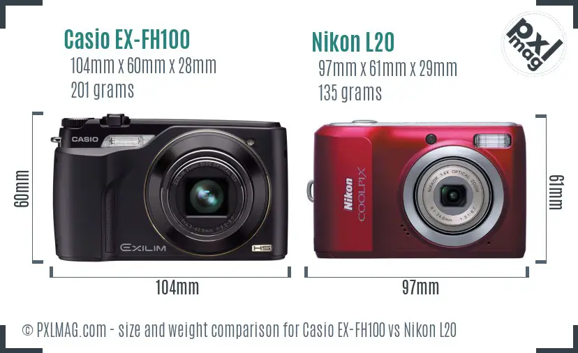 Casio EX-FH100 vs Nikon L20 size comparison