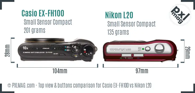Casio EX-FH100 vs Nikon L20 top view buttons comparison