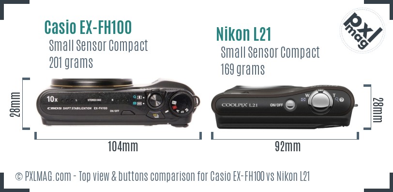 Casio EX-FH100 vs Nikon L21 top view buttons comparison