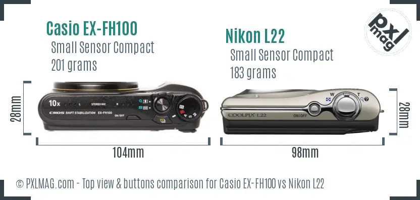 Casio EX-FH100 vs Nikon L22 top view buttons comparison