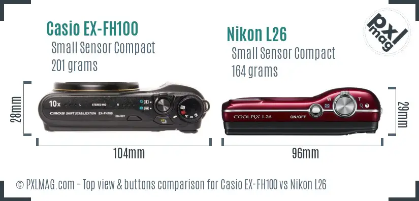 Casio EX-FH100 vs Nikon L26 top view buttons comparison Casio EX-FH100 vs Nikon L26 top view buttons comparison