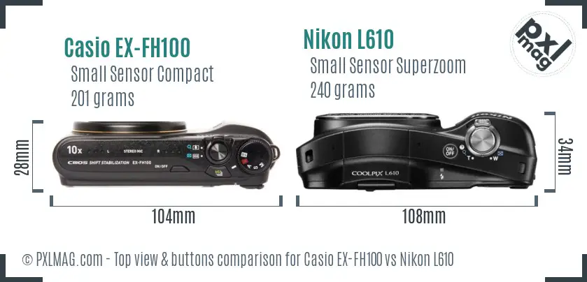 Casio EX-FH100 vs Nikon L610 top view buttons comparison