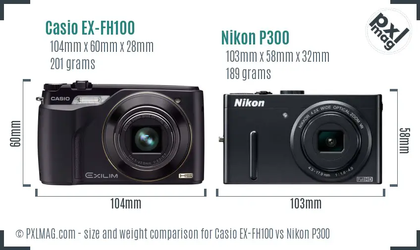 Casio EX-FH100 vs Nikon P300 size comparison