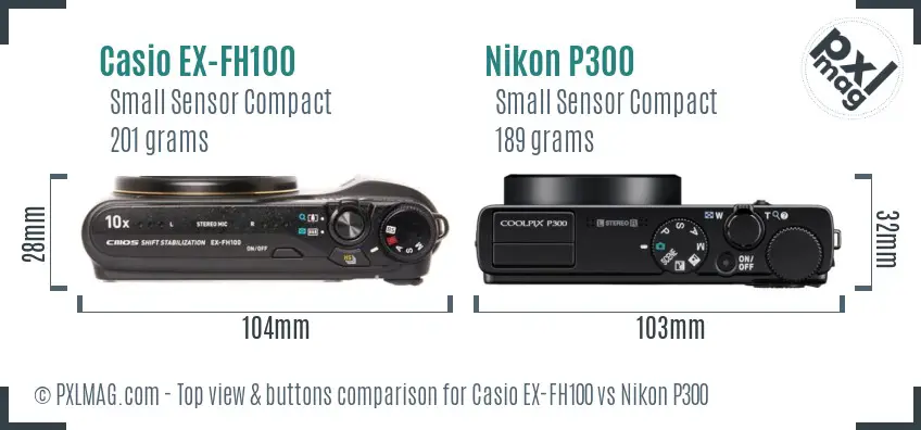 Casio EX-FH100 vs Nikon P300 top view buttons comparison