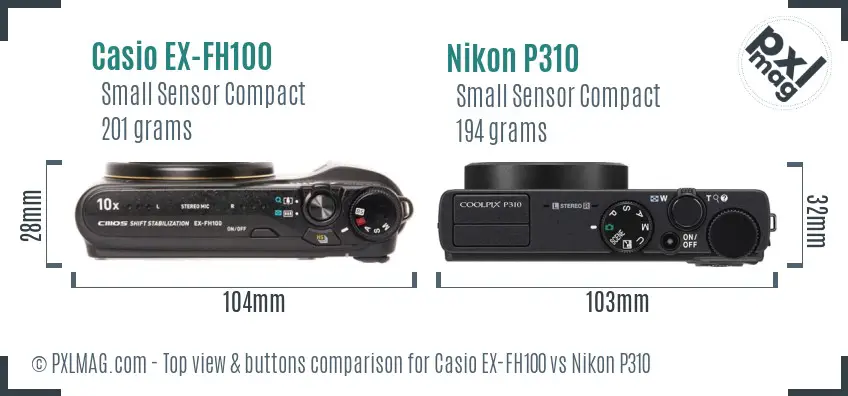 Casio EX-FH100 vs Nikon P310 top view buttons comparison