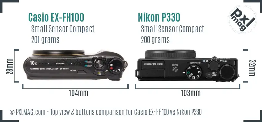 Casio EX-FH100 vs Nikon P330 top view buttons comparison