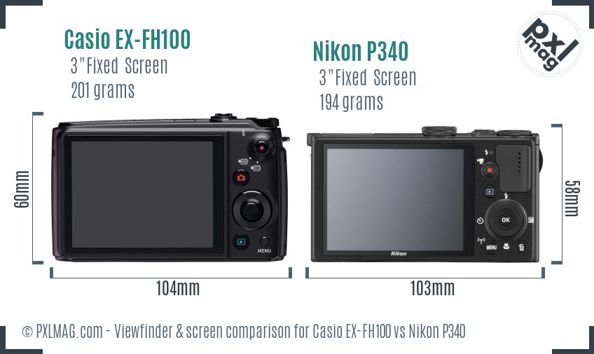 Casio EX-FH100 vs Nikon P340 Screen and Viewfinder comparison