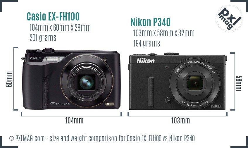 Casio EX-FH100 vs Nikon P340 size comparison Casio EX-FH100 vs Nikon P340 size comparison