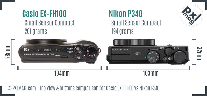 Casio EX-FH100 vs Nikon P340 top view buttons comparison