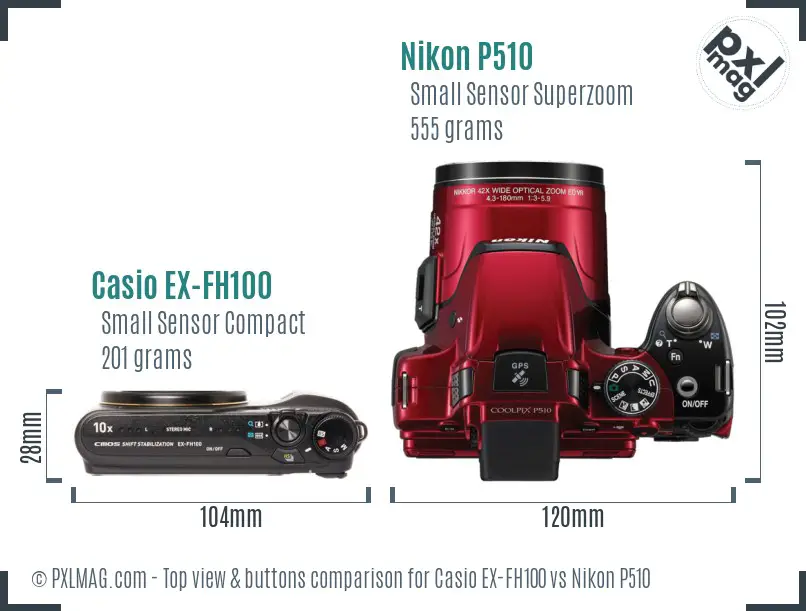 Casio EX-FH100 vs Nikon P510 top view buttons comparison