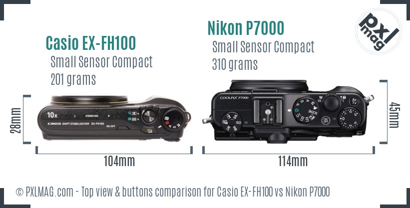 Casio EX-FH100 vs Nikon P7000 top view buttons comparison