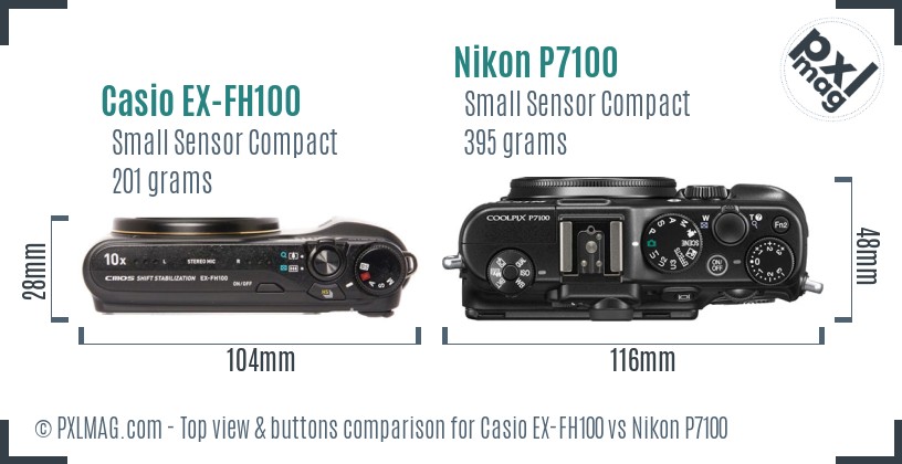 Casio EX-FH100 vs Nikon P7100 top view buttons comparison