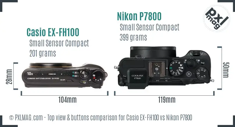 Casio EX-FH100 vs Nikon P7800 top view buttons comparison