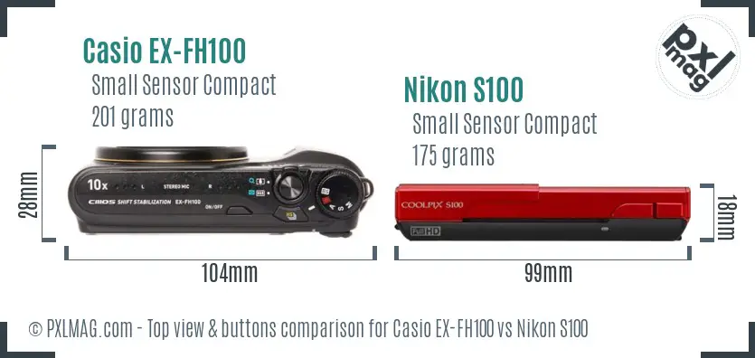 Casio EX-FH100 vs Nikon S100 top view buttons comparison