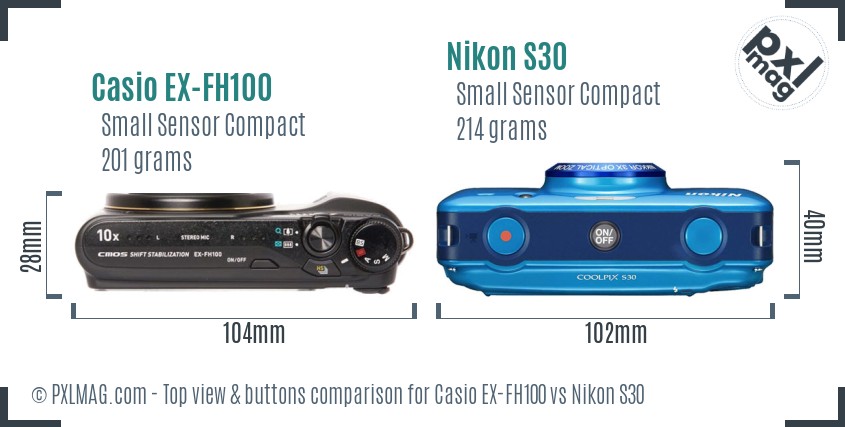 Casio EX-FH100 vs Nikon S30 top view buttons comparison