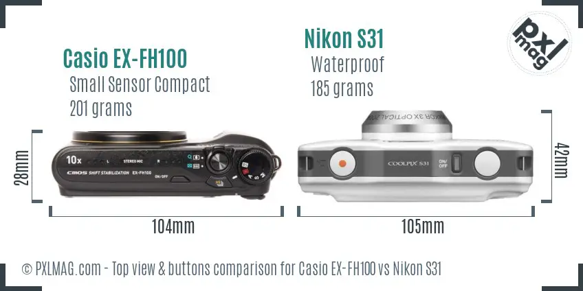 Casio EX-FH100 vs Nikon S31 top view buttons comparison Casio EX-FH100 vs Nikon S31 top view buttons comparison