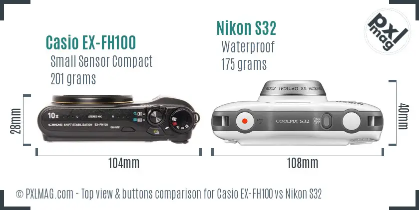 Casio EX-FH100 vs Nikon S32 top view buttons comparison