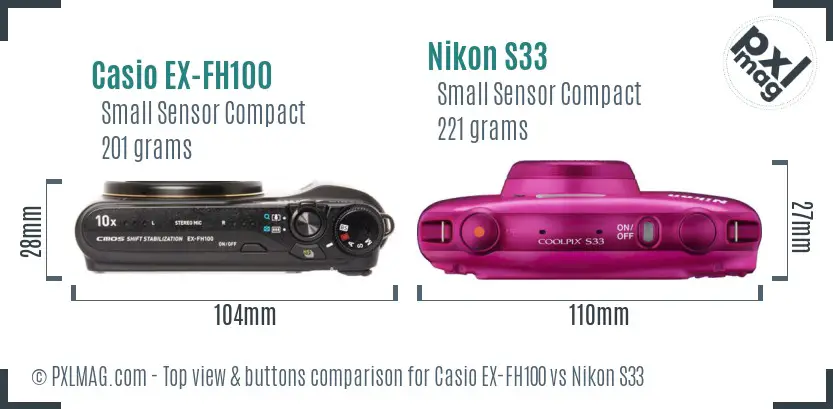 Casio EX-FH100 vs Nikon S33 top view buttons comparison