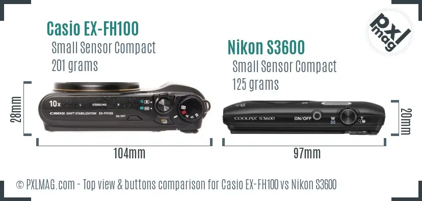 Casio EX-FH100 vs Nikon S3600 top view buttons comparison